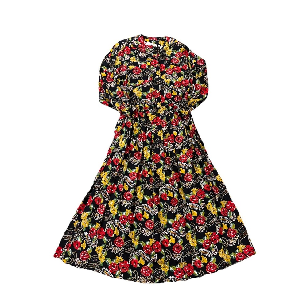 VTG Chaus Foulard Blouse Pleated Maxi Skirt Set Black Red Yellow Button Women Sm